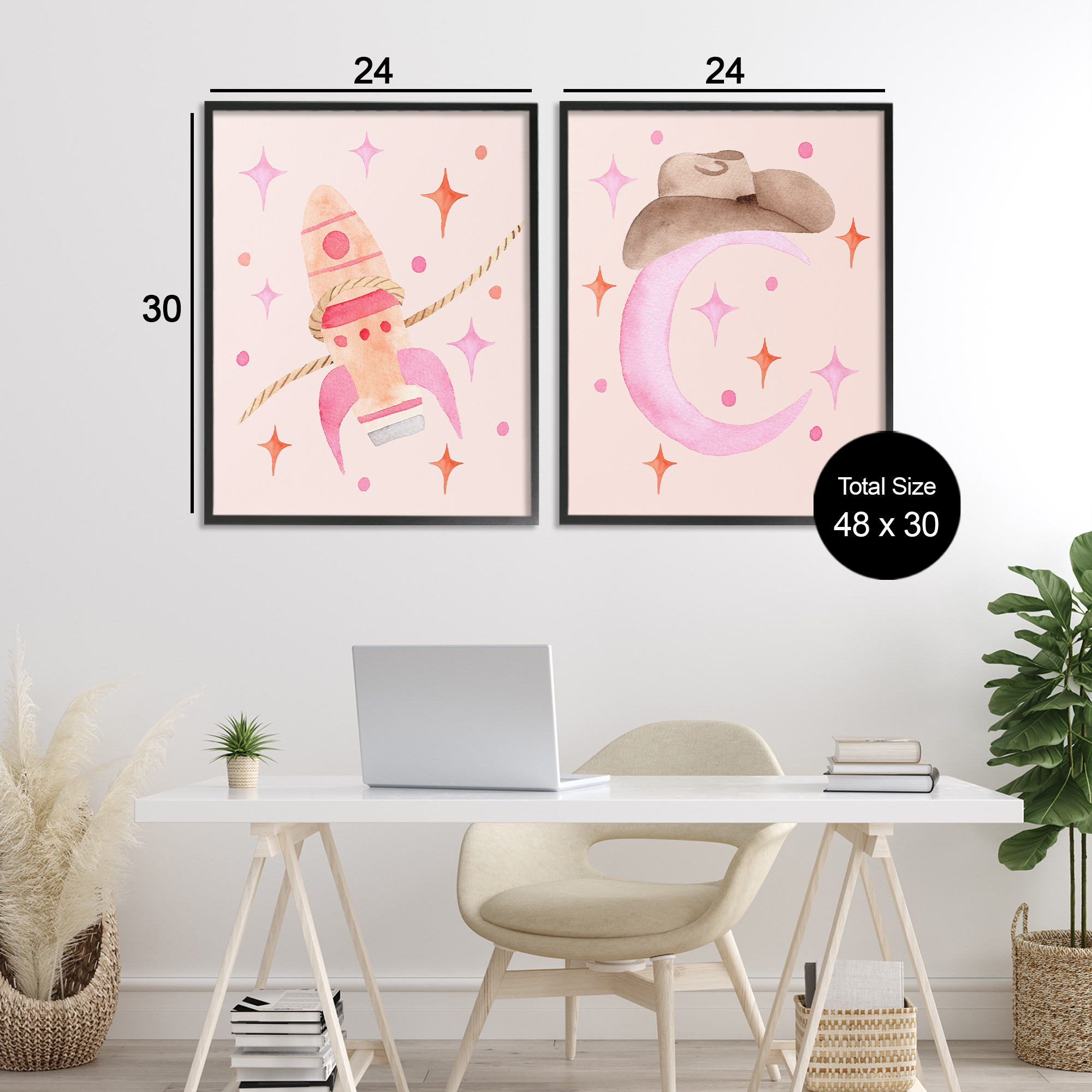 Space Cowgirl Rocket Ship 2 Piece Black Framed Giclee Art Set, design by Nina Jacobs