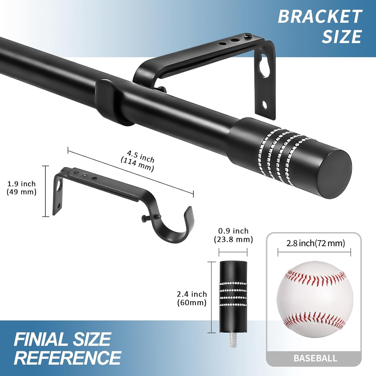 Urbanest Adjustable Single Curtain Rod Set Zinc Cast With Diamond Beads Beverly Finials – 3/4-Inch Diameter, With Black Rod, 48–84 Inches