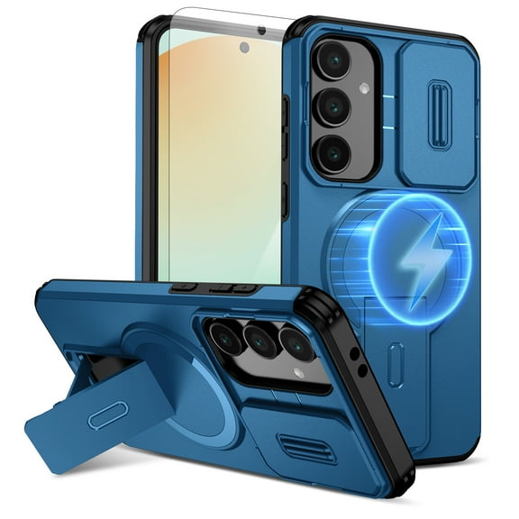 Dteck 2 In 1 for Samsung Galaxy A15 5G Case, Compatible with MagSafe, Invisible Kickstand HD Screen Protector, Heavy Duty Shockproof Magnetic Phone Cover with Slide Camera Lens Cover,Blue
