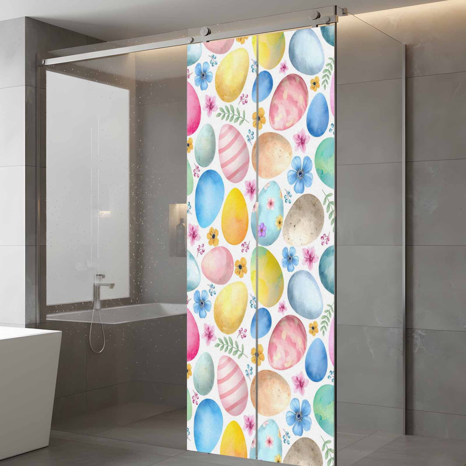 Easter Colored Eggs Window Privacy Film, Blue Pink Orange Flower Leaf Spring Frosted Glass Window Clings Static Cling UV Heat Blocking Reusable Door Sticker for Bathroom 23.6 x 59 Inch