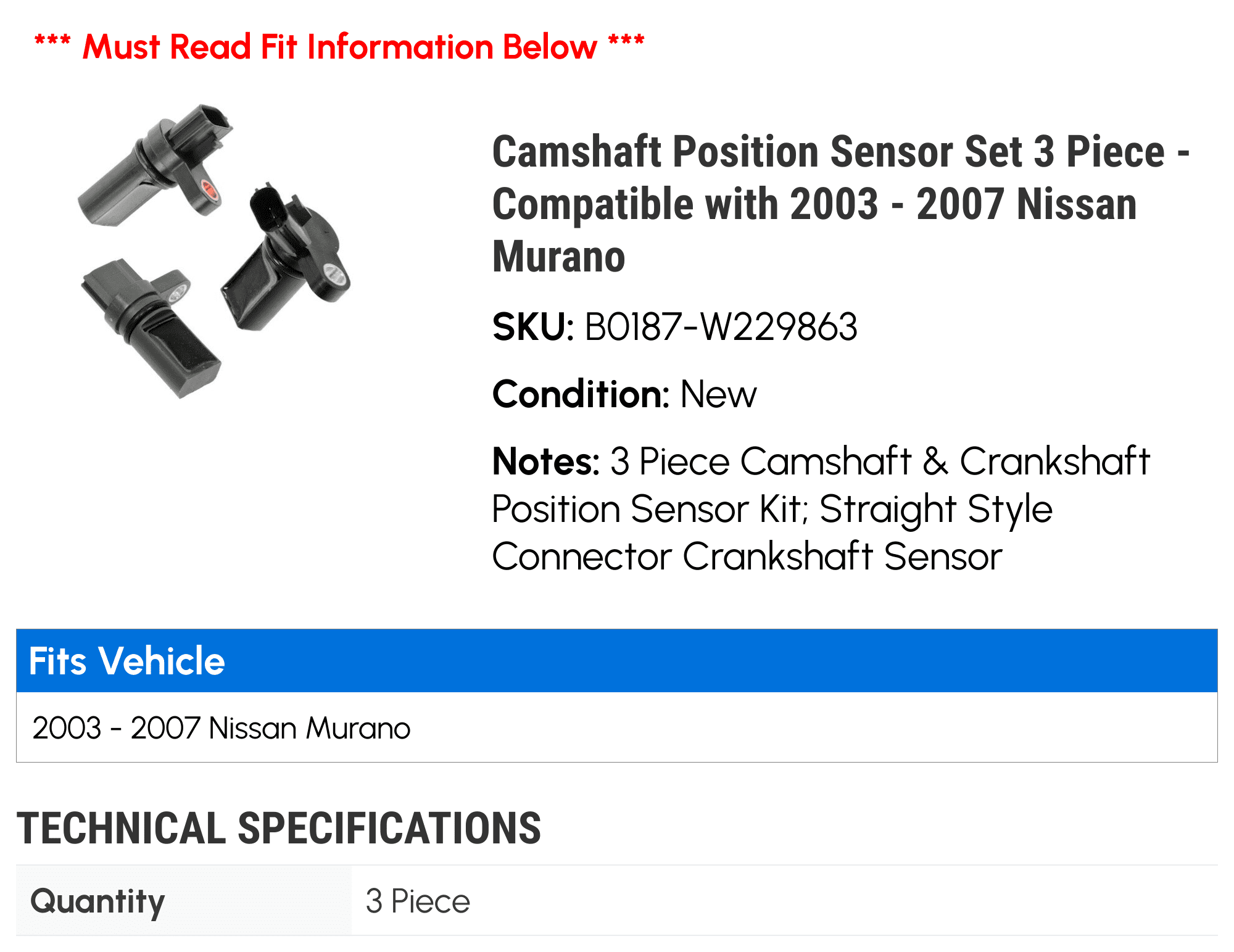 Camshaft Position Sensor Crankshaft Camshaft Sensor Vkinman 3-Piece ...