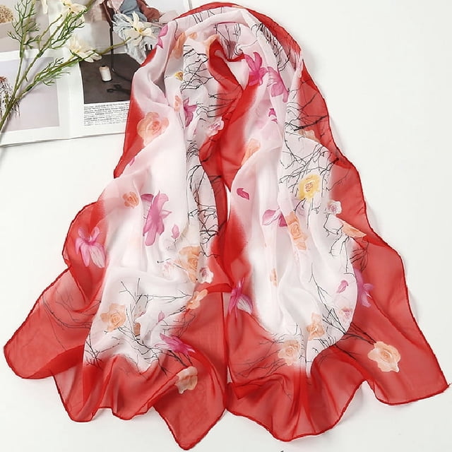 Nvzi Elegante bufanda cuadrada, nueva bufanda de gasa, moda de primavera, bufanda fina con estampado, decoración, chal protector solar, 1 pieza (rojo)