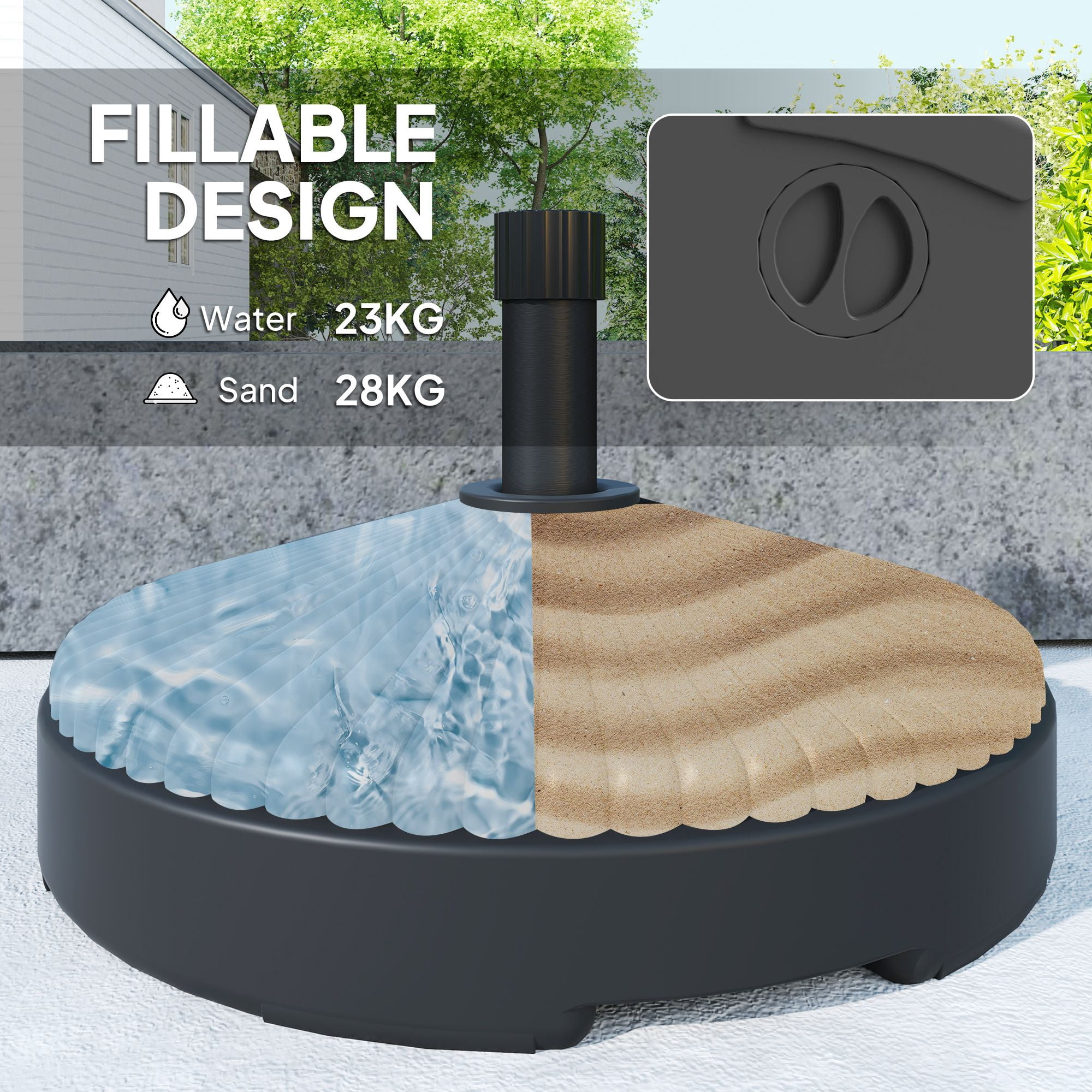 Dranite Round Patio Umbrella Base Holder, Heavy Duty Outdoor Umbrella Stand Base, Filled Up to 62lbs with Sand or 51lbs with Water for Garden, Poolside, Black