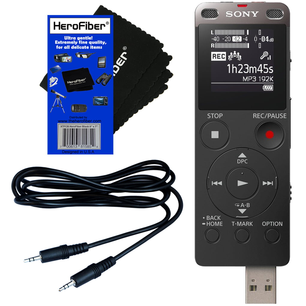 Sony ICD-UX560 Stereo Voice Recorder with Direct USB & Built-in 4GB + Auxiliary Cable + HeroFiber® Ultra Gentle Cleaning Cloth -