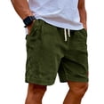 thumbnail image 2 of Men's Corduroy Shorts with Elastic Drawstring Waist and Side Leather Patch Featuring Vintage Vertical Stripes for Summer Beach Days Casual Outings or Lounge Wear Army Green L, 2 of 8