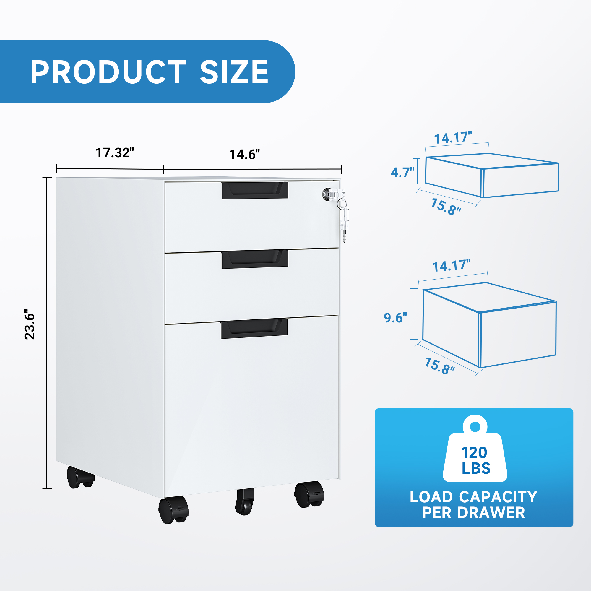 Fesbos Metal Mobile File Cabinet with Lock, 3 Drawer Rolling Filing Cabinets for Home Office, Fully Assembled, White, 23.6"H*17.32"D* 14.6"W, Fits Letter/Legal/A4 Size Files