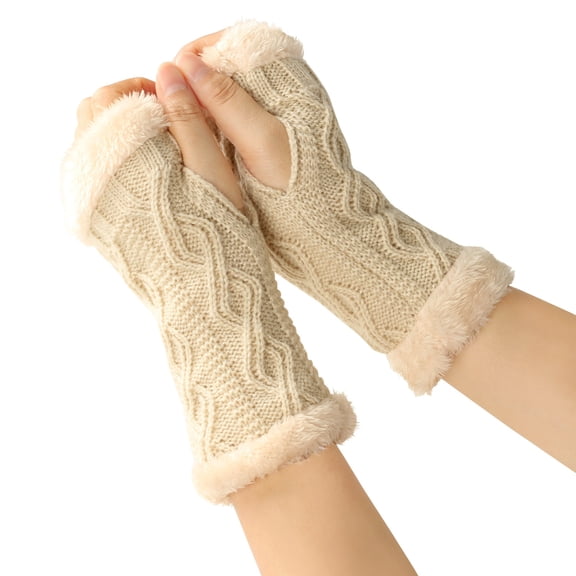 Women Arm Warmers, Winter Knitted Wrist Warmers Fluffy Lined Fingerless Mitten Gloves for Women Girls Cold Weather Beige One Size