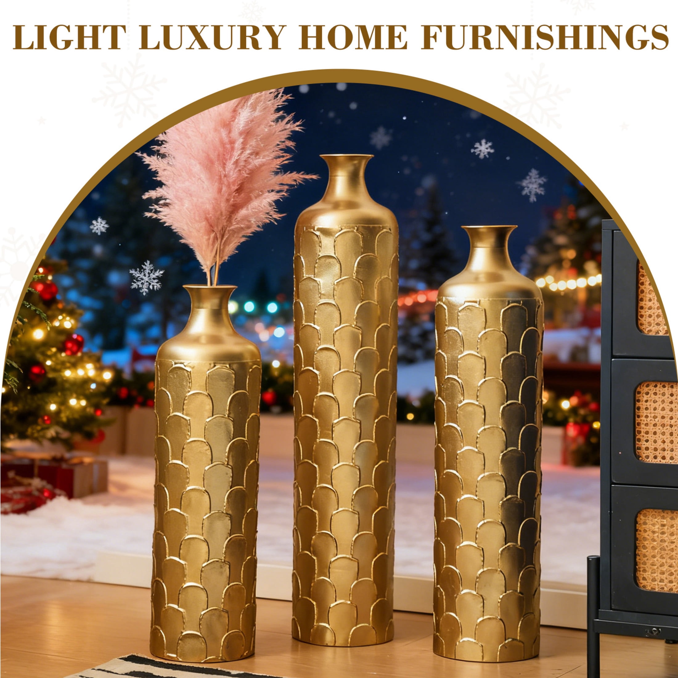 Noble House 25.2", 29.33", 34.25" Metal Floor Vase Set of 3, Geometric Textured Vases, Gold