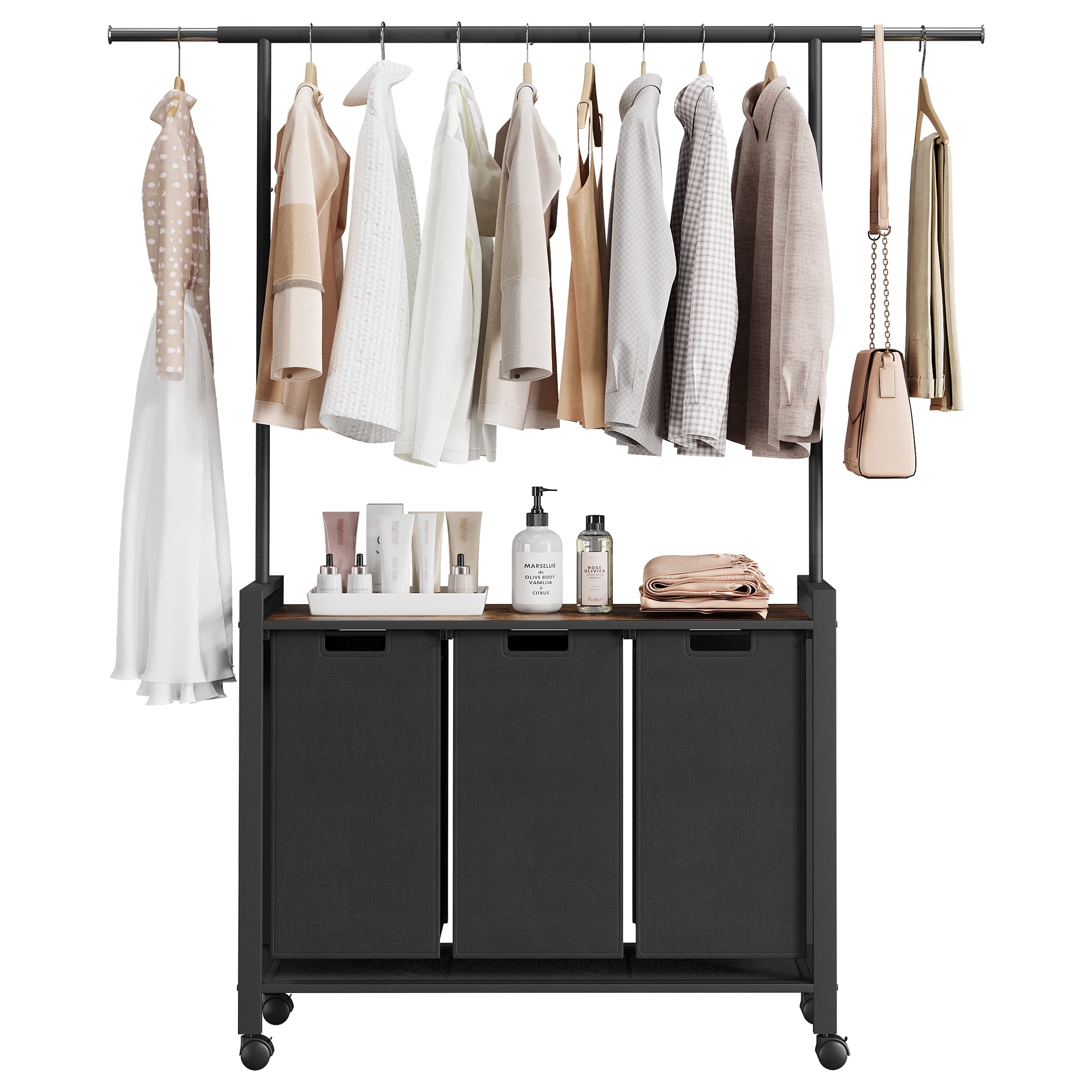 Laundry Sorter 2 or 3 Section Laundry Hamper Sorter with Clothes Hanging Rod and Wooden Storage Shelf 2 X 13gal Laundry Basket Organizer for Laundry Room Organization Storage Baskets, Black