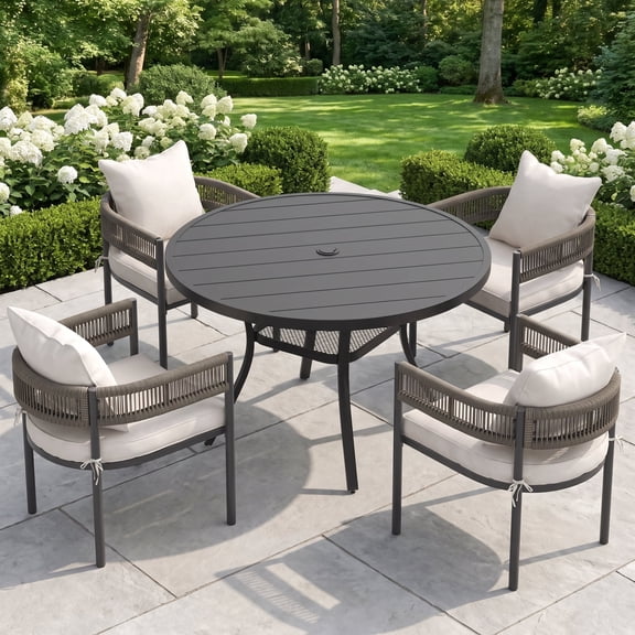 VOXBIN Outdoor Patio Dining Set for 4, 41" Round Table and 4 Wicker Chairs, Black Tabletop with Beige Cushions