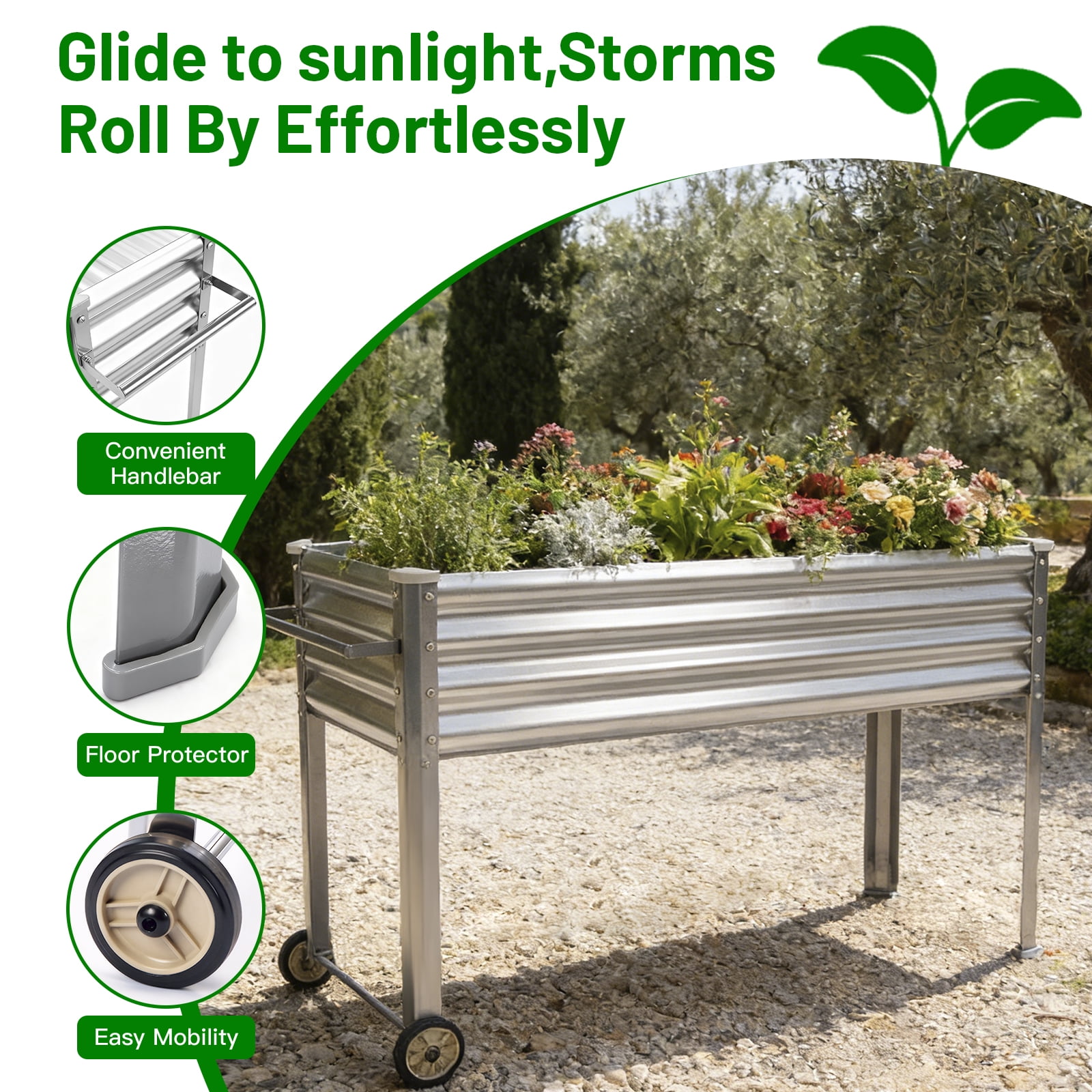 Land Guard Mobile Galvanized Raised Garden Bed with Legs & Wheels, 36''×12''×35'' Large Metal Elevated Raised Planter Box for Backyard, Patio, Balcony, 400lb Capacity(Sliver)
