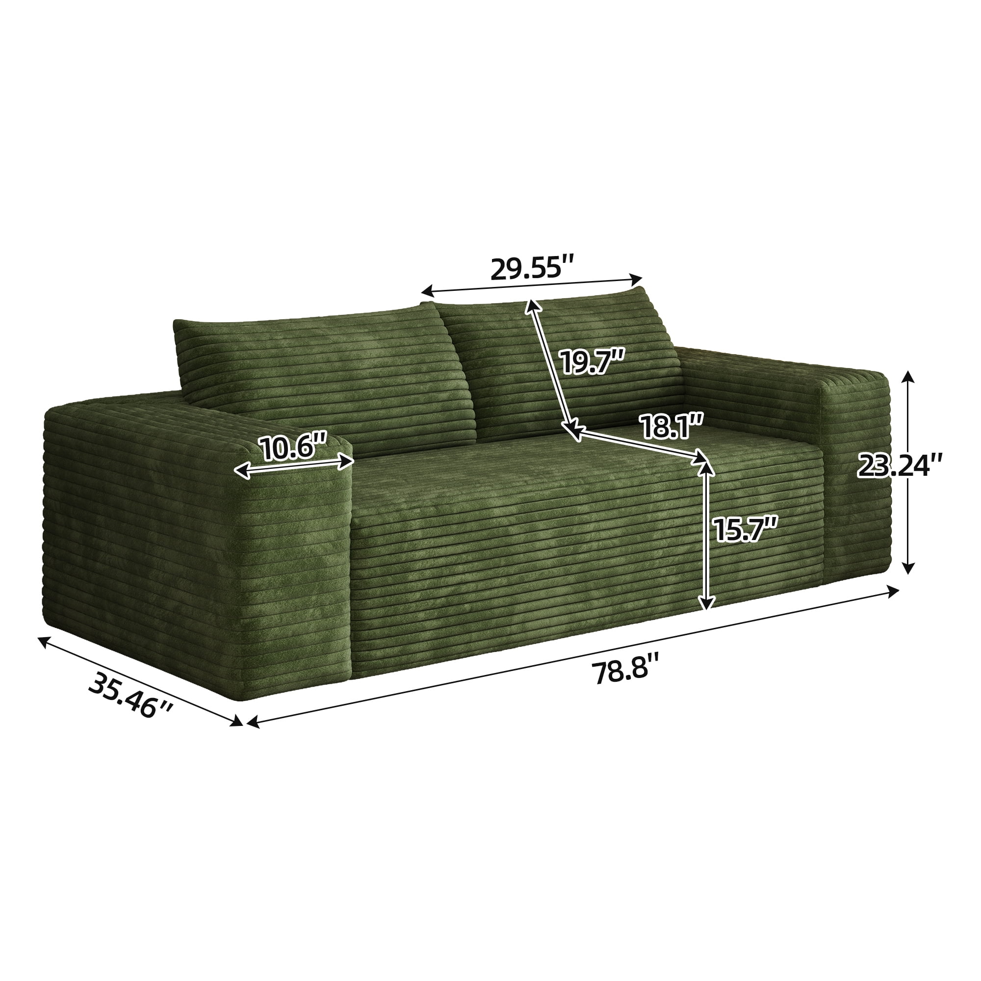 Leumius 78.8" Cloud Couch,3 Setaser Sofa with Deep Seat,Boneless Couch Sofa with 2 Pillows for Living Room,No Assembly Required,Green