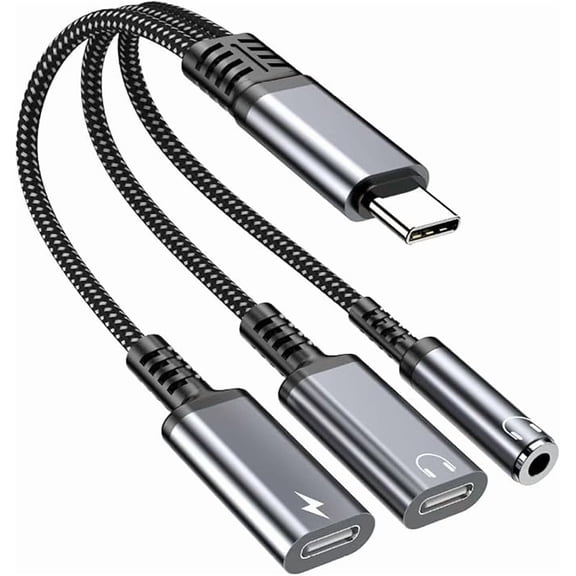 USB-C Headphone Charging Adapter, 3-in-1 Dual Type-C Audio Splitter Charger with Headphone Jack Adapter Cable, Compatible with iPhone 15/16/17 Pro/Max/Plus, iPad, Samsung Galaxy S23/S24 Ultra (Black)