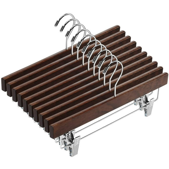 Amkufo 20Pcs Wooden Pants Hangers Solid Pants Hangers With Adjustable Clips 14 Inch Walnut Wood Skirt Hangers Trousers Bottom Hanger With Non-Slip Clips And 360 Swivel Hook