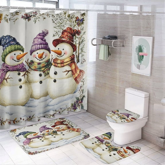 4 Pcs Shower Curtain Set Snowman Family of 3 Cute Personalized Bathroom Sets with Shower Curtain And Rugs 4 Piece Lovely Snowman Bathroom Decor Set with Accessories for Bathtub Decor 72inch X 72inch