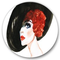 Designart 'Portrait of Woman Red Head Lady In Hat' Modern Circle Metal Wall Art 23x23 - Disc of 23
