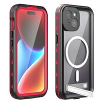 Dteck Waterproof Case with Universal Kickstand for iPhone 15,Shockporof IP68 Waterproof Case Magnetic Compatible with MagSafe Full Body Protection Cover,Red