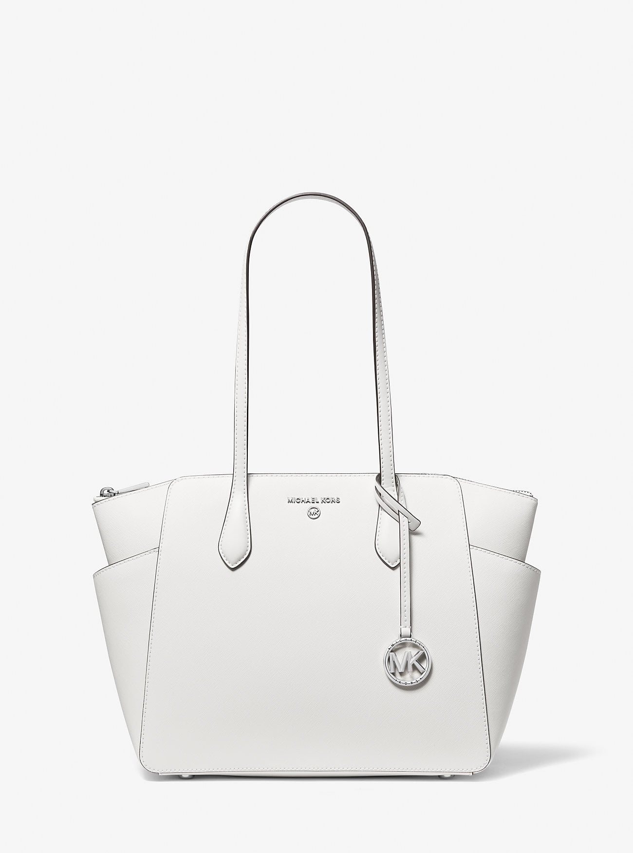 KERRY MACBRIDE ケリー・マックブライド、シルバー クロスルビー付き Michael Kors Jet Set XS Carryall Top Zip Tote Bag Purse in Silver