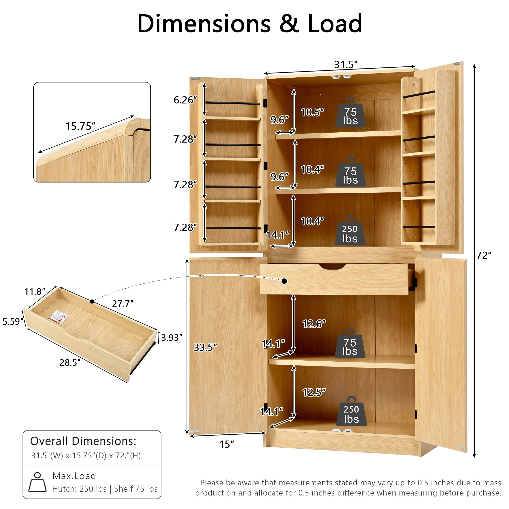 Euroco 72" Tall Farmhouse Kitchen Pantry Cabinet with 8 Door Shelves, Curved Design Storage Cabinet with 3 Adjustable Shelves, Hidden Drawer, Versatile Cupboard