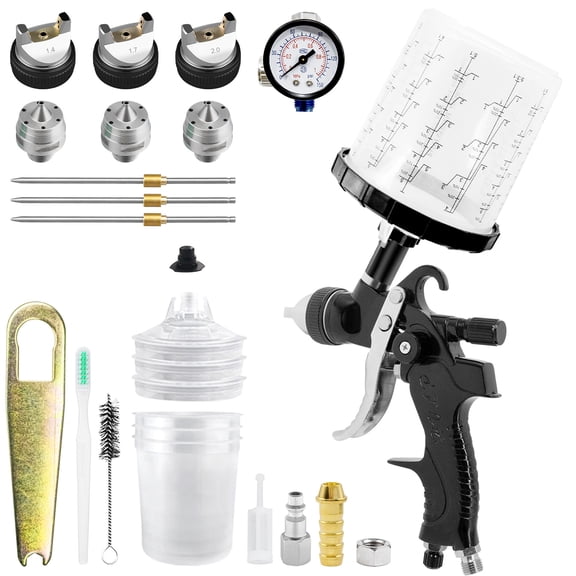 HVLP Spray Gun Kit with 650ml Disposable Paint Cup System, Air Pressure Gauge, 1.4/1.7/2.0mm Nozzle Set Gravity Feed Paint Sprayer for Auto Paint, Primer, Clear Coat & Furniture