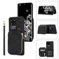 ELEHOLD for Samsung Galaxy S20,Luxury Zipper Wallet Case with Card Slots Zipper Pocket Kickstand Function Wriststrap Crossbody Shoulder Strap Shockproof Purse Case,black