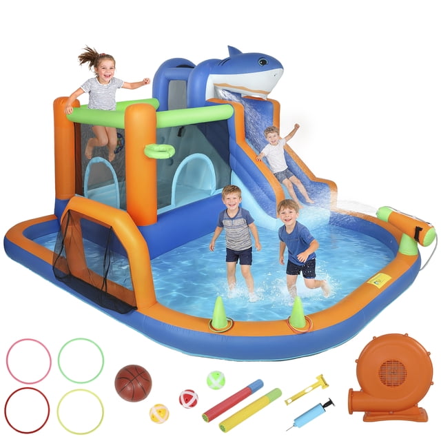 Qaba Maison Gonflable à Thème Requins pour Enfants avec Glissade, Bleu