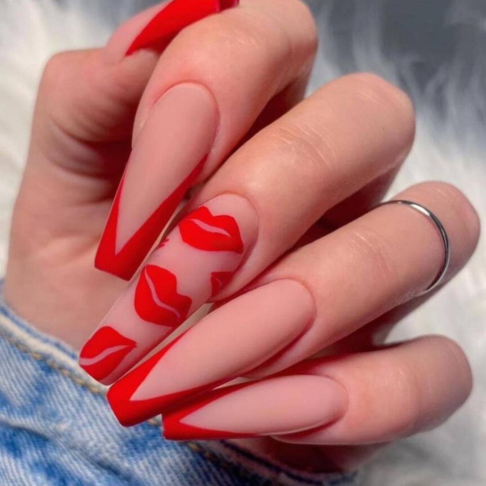 Raneu 24pcs Press On False Nail Tips Long Coffin Full Cover Fake Nails Hot Lips French Red Matte Walmart Com