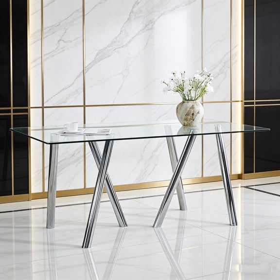 71" Rectangular Glass Dining Table, Tempered Glass Top with Heavy-Duty Metal Legs, Seats 6-8, Modern Kitchen Table for Dining Room or Living Area