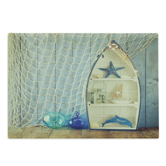 Nautical Cutting Board, Nautical Boat Standing Against the Wall Other Aquatic Objects Sea Featured Picture, Decorative Tempered Glass Cutting and Serving Board, Large Size, Blue Beige, by Ambesonne