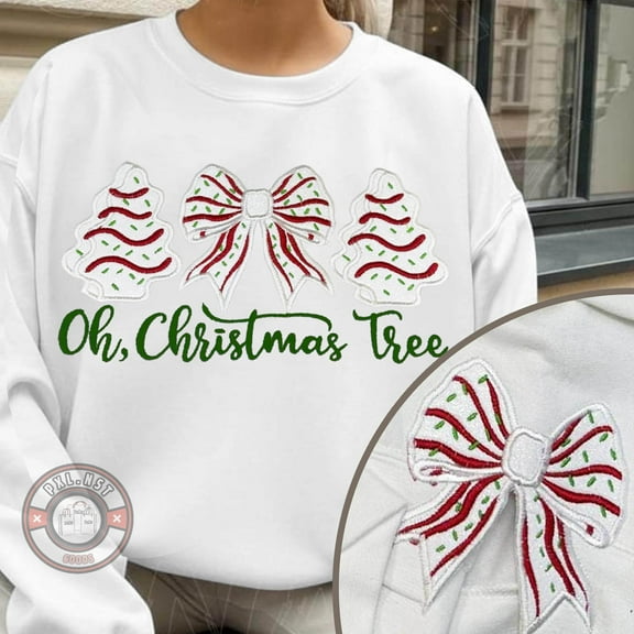 Embroidered Oh Christmas Tree With Side Bow Sweatshirt, Christmas Tree Snack Cake Hoodie, Coquette Bow Embroidery Christmas Shirt, Xmas Gift