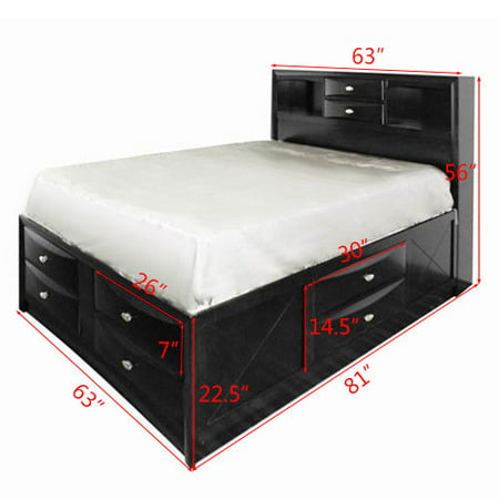 Costway Queen Size Bed Storage Bed Drawers Bookcase Headboard