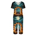 thumbnail image 4 of Women's Halloween Loungewear Set Short Sleeve V Neck Top and Capri Pants Tie Dye Pumpkin Pattern Relaxed Fit Sleepwear Pajama Set for Home Party Daily Wear Cyan L, 4 of 6
