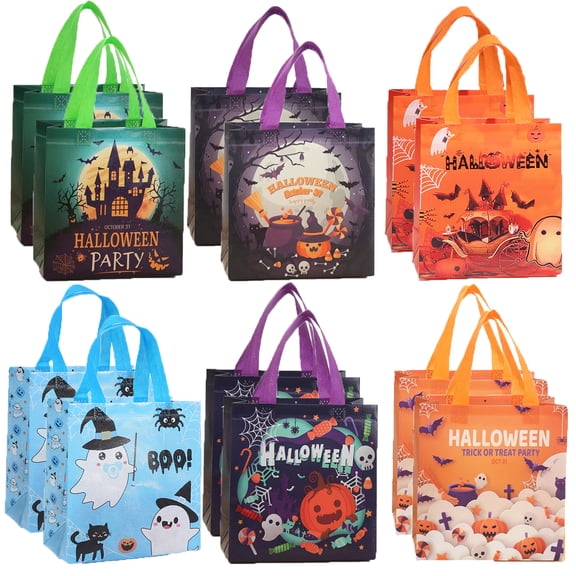 12PCS Medium Halloween Trick or Treat Bags for Kids with Handle, Reusable Non-Woven Tote Bags Party Favor 9*8.66*4.3