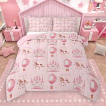 Manfei Pink Hat Air Balloon Bedding Comforter Set,Fairy Tale Castle Twin Comforter Sets,Western Cowgirl Horse Bedding Set For Princess,Super Cozy Room Decor Reversible,2pcs