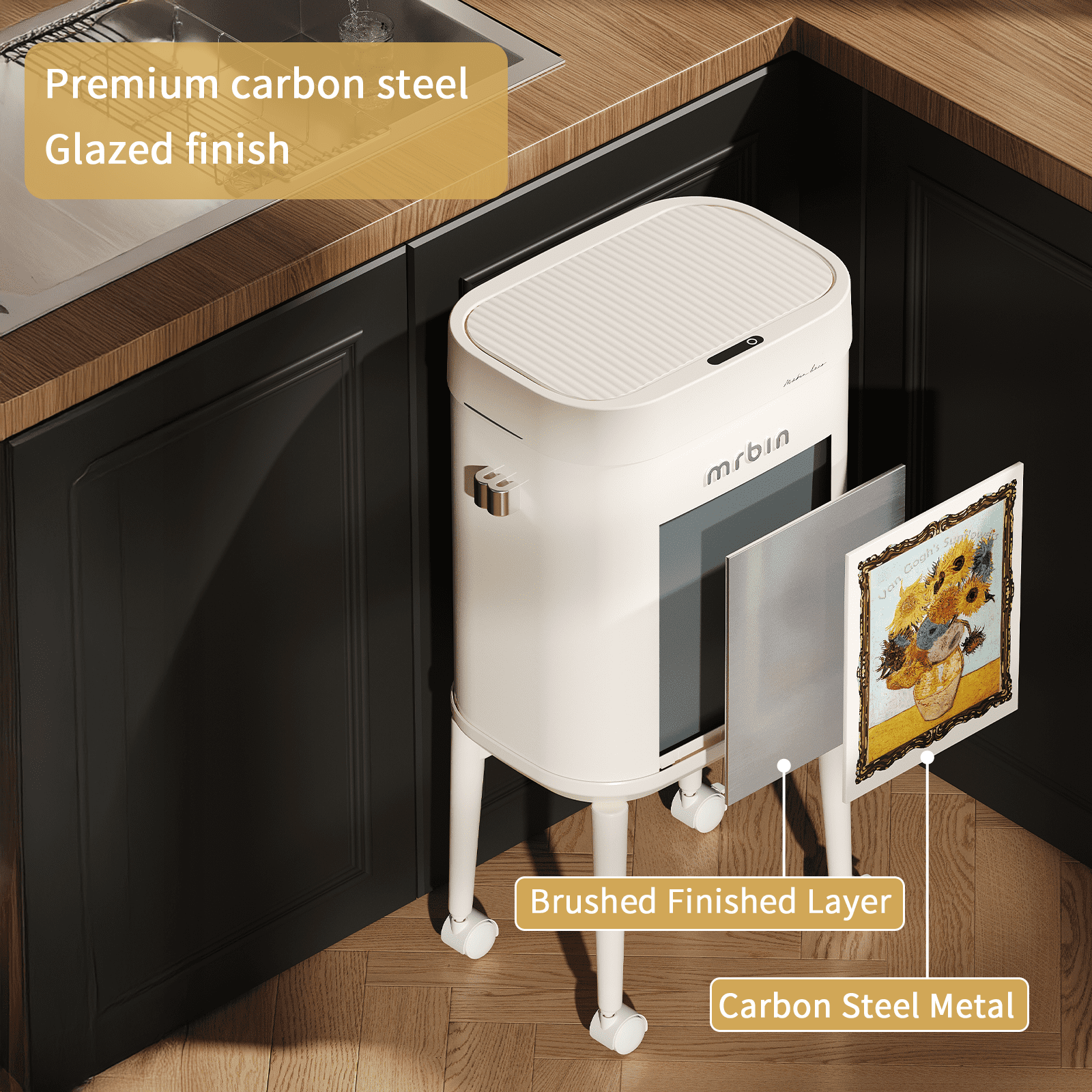 Mrbin Metal Motion Sensor Kitchen Trash Can with Wheel Legs, 15L / 4gal Metal Slim Trash Can, Pet Proof Tall Narrow Garbage Pail for Vanity, Bedroom, Bathroom, Living Room, Sunflower