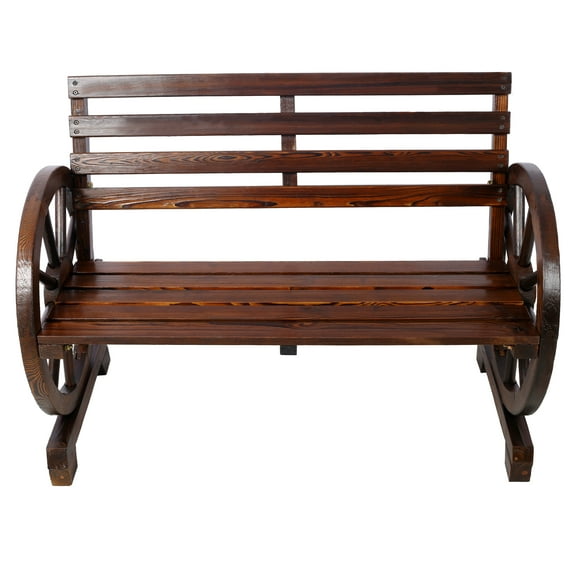 2-Person Wooden Wagon Wheel for Backyard, Patio, Porch, Garden, Outdoor Lounge Furniture w/Rustic Country Design, Slatted Seat and Backrest - Brown Brown   Wood