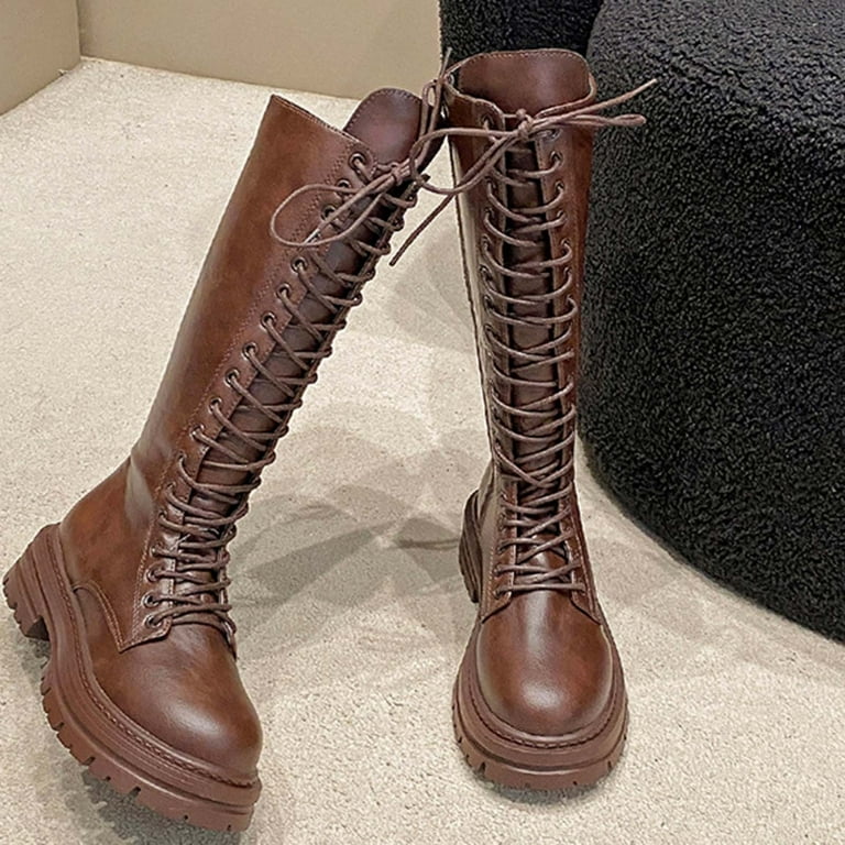Xfvqtps Womens Lace up Knee High Boots Chunky Flatform Martin