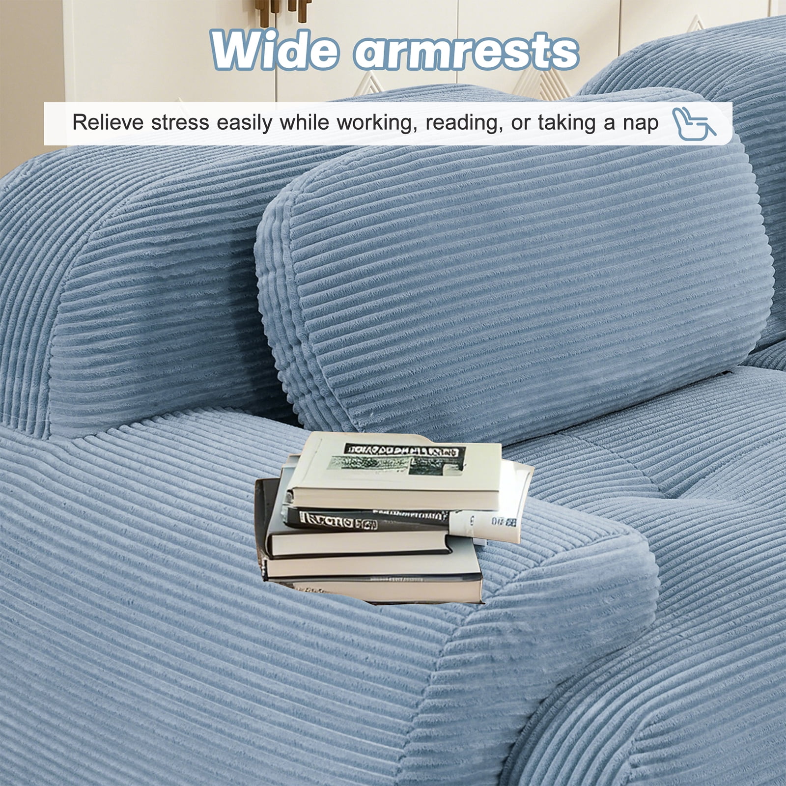 80" Modern Compressed Boneless Love Seat Couches with 1 Ottoman, 2 Seater Large Sectional Couches for Living Room, Blue Corduroy Cloud Modular Sectional Sofa, Memory Foam, Deep Loveseat, No Assembly