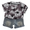 thumbnail image 2 of Fesfesfes Kids' Floral Print Summer Set Plaid Flying Sleeve Top and Bow Shorts Cute Fashion 2-Piece Denim Outfits for Girls and Boys 1-6 Years(Purple#1,1-2 Years), 2 of 3