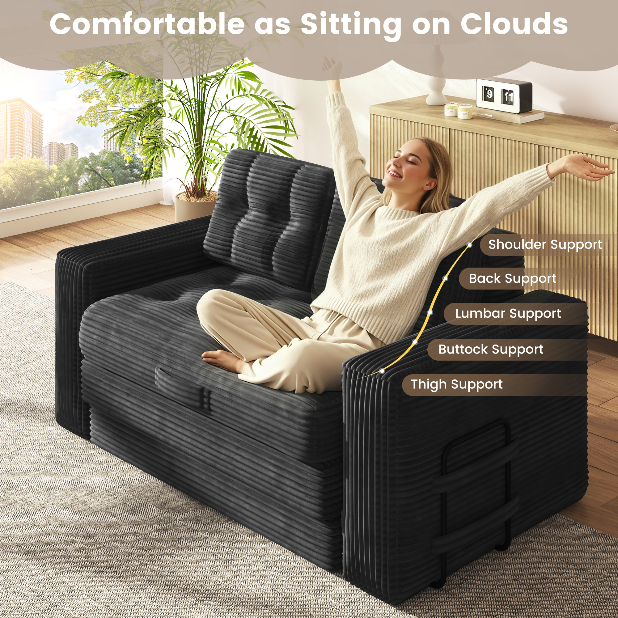 Erinnyees 2-in-1 Sleeper Sofa, No Assembly Corduroy Loveseat, Converts to Bed with Deep Seat & 2 Included Pillows