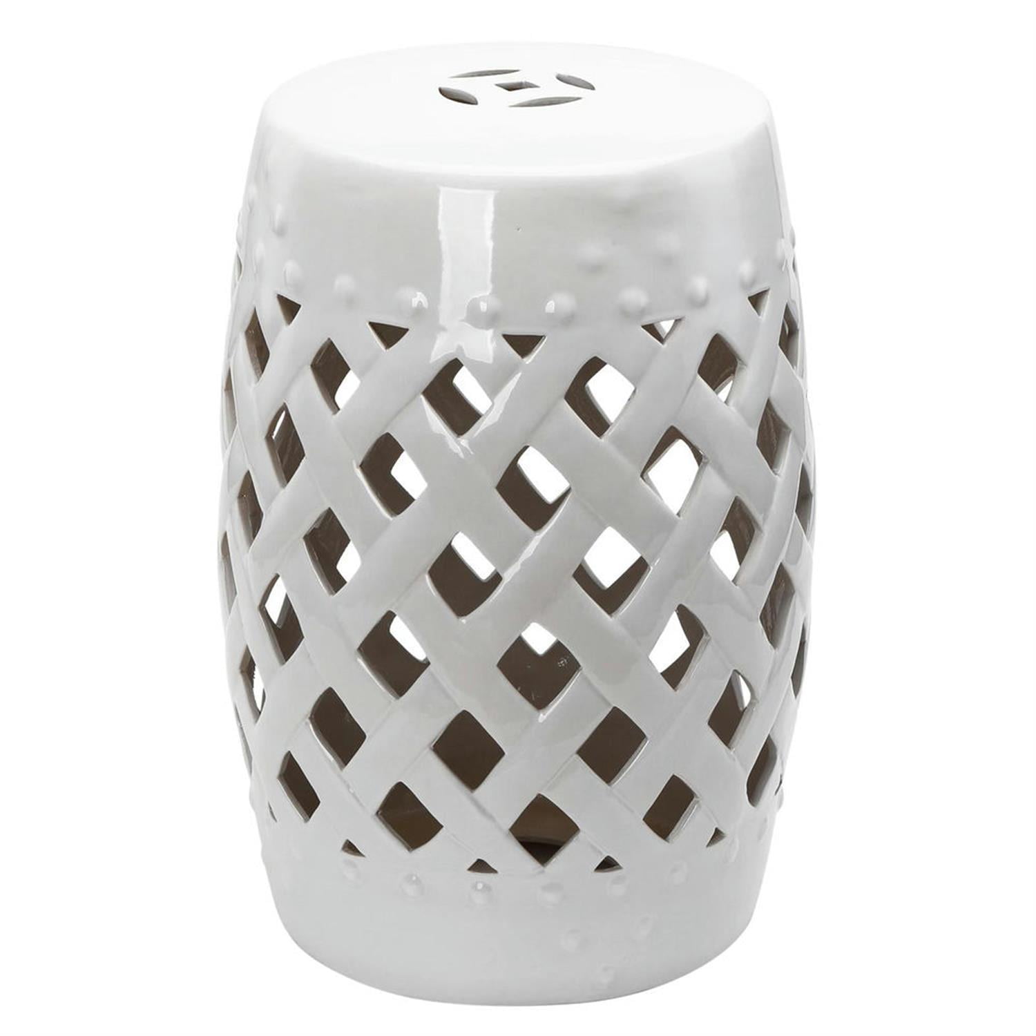 Demi Bonn 12" Large Outdoor Ceramic Stool with Intricate Lattice Design, Decorative Stool for Garden or Patio, White