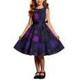 thumbnail image 2 of Girls' Halloween Zip Dress Spooky Tree Bat Print Sleeveless Round Neck Satin Bow Belt Flared Swing Skirt Kids Party Costume for Girls 4-14Y, Halloween Costumes for Girls Purple 5 Years, 2 of 9