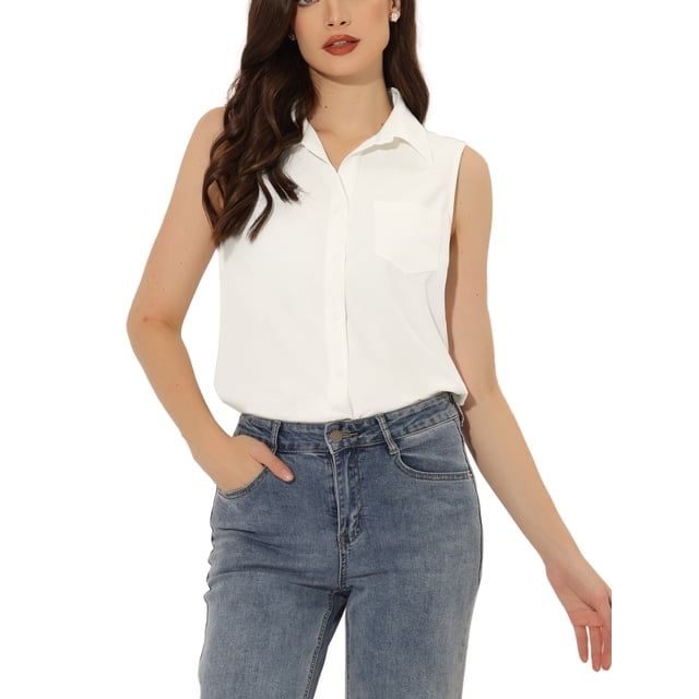 INSPIRE CHIC Chemise Boutonnée pour Femme Sans Manches à Col à Revers en V Tunique Haut en Denim Chambray m Blanc