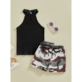 thumbnail image 4 of Suealasg 3Pcs Kids Little Girl Summer Outfits Solid Color Ribbed Knit Halter Tank Tops Camouflage Shorts Belt Bag 1T 2T 3T 4T 5T 6T Child Girls Clothes Set, 4 of 8
