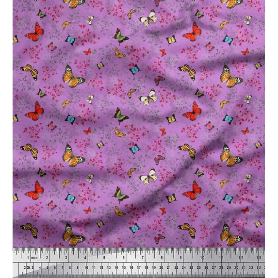 Soimoi Purple Rayon Fabric Flower & Butterfly Print Fabric by The Yard 42 Inch Wide
