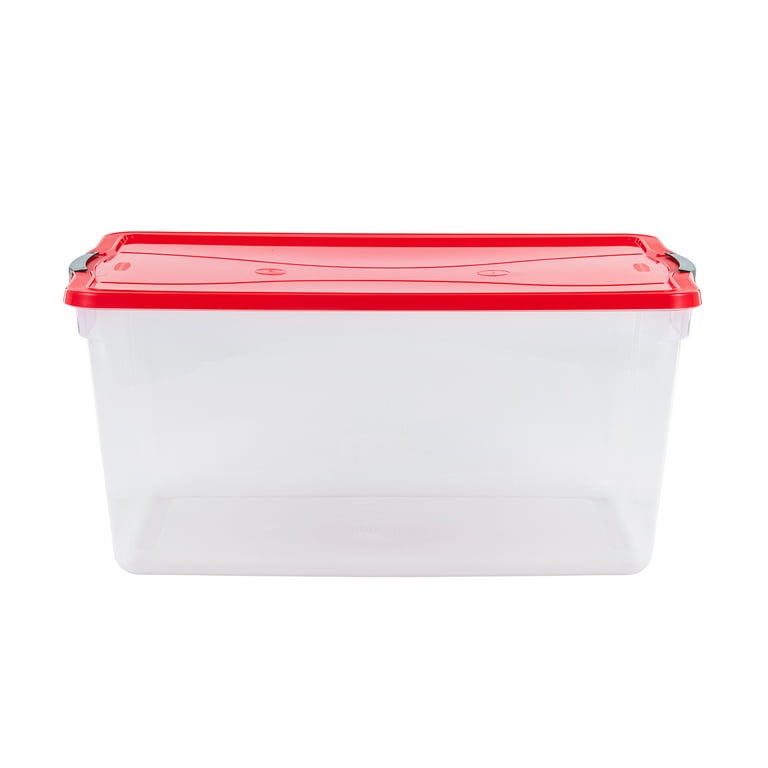  Rubbermaid Cleverstore Clear 71 Qt/18 Gal, Pack of 4 Holiday  Plastic Storage Bins, Great for Holiday Decorations, Stackable, Large  Capacity, Durable Latching Lids, Clear Bins, Red Lids/Green Handles :  Everything Else