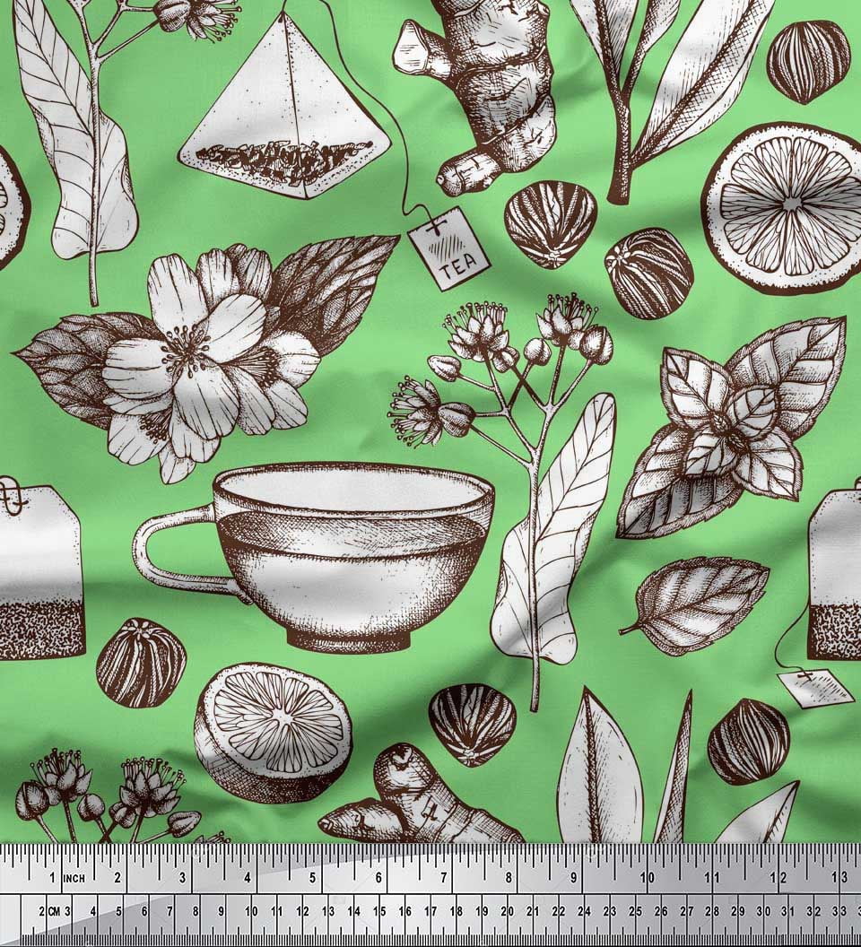 Soimoi Silk Fabric Tea Cup,Lemon Slice & Ginger Vegetable Print Fabric by the Yard 42 Inch Wide