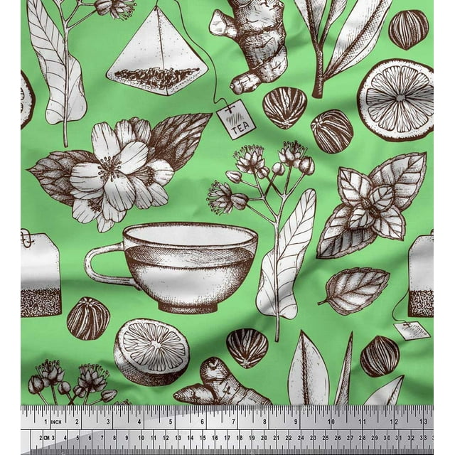 Soimoi polyester Crepe Fabric Tea Cup,Lemon Slice & Ginger Vegetable Printed Fabric 1 Yard 52 Inch Wide