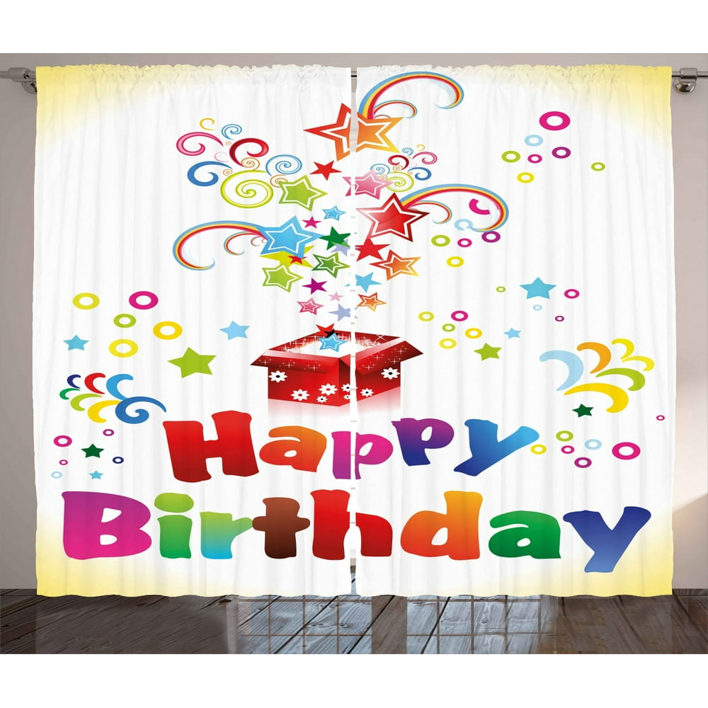 Birthday Curtains 2 Panels Set, Stars Swirls Spirals and Circles Coming Out of Present Surprise