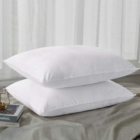 Unikome 2 Pack White Goose Down Feather Pillows in White Cotton Fabric, Standard
